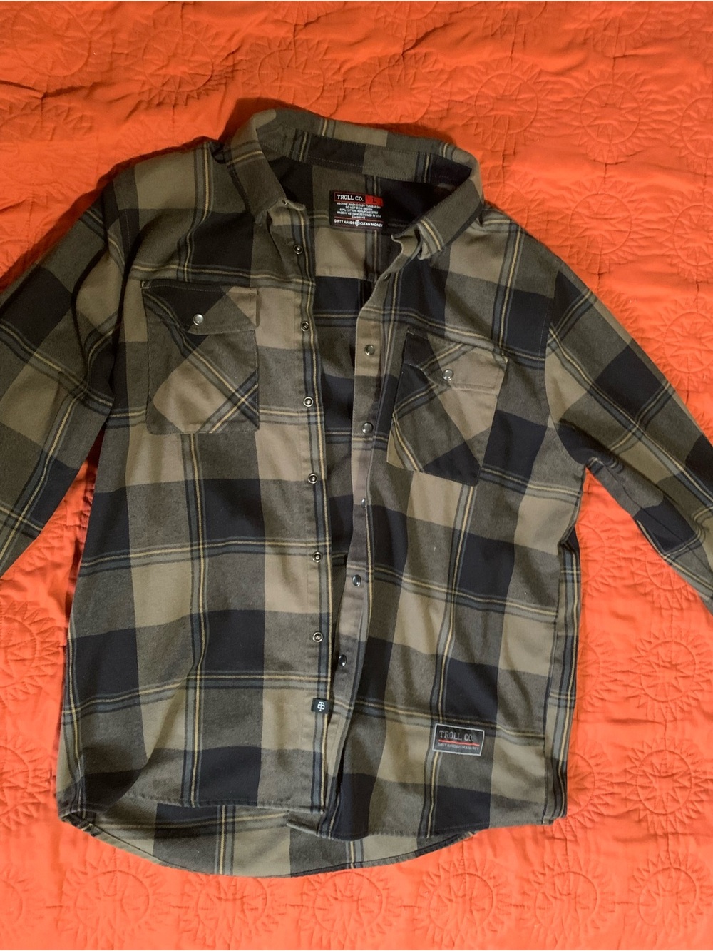 Troll Co. Olive Green and Black Plaid Casual Button-Down Shirt